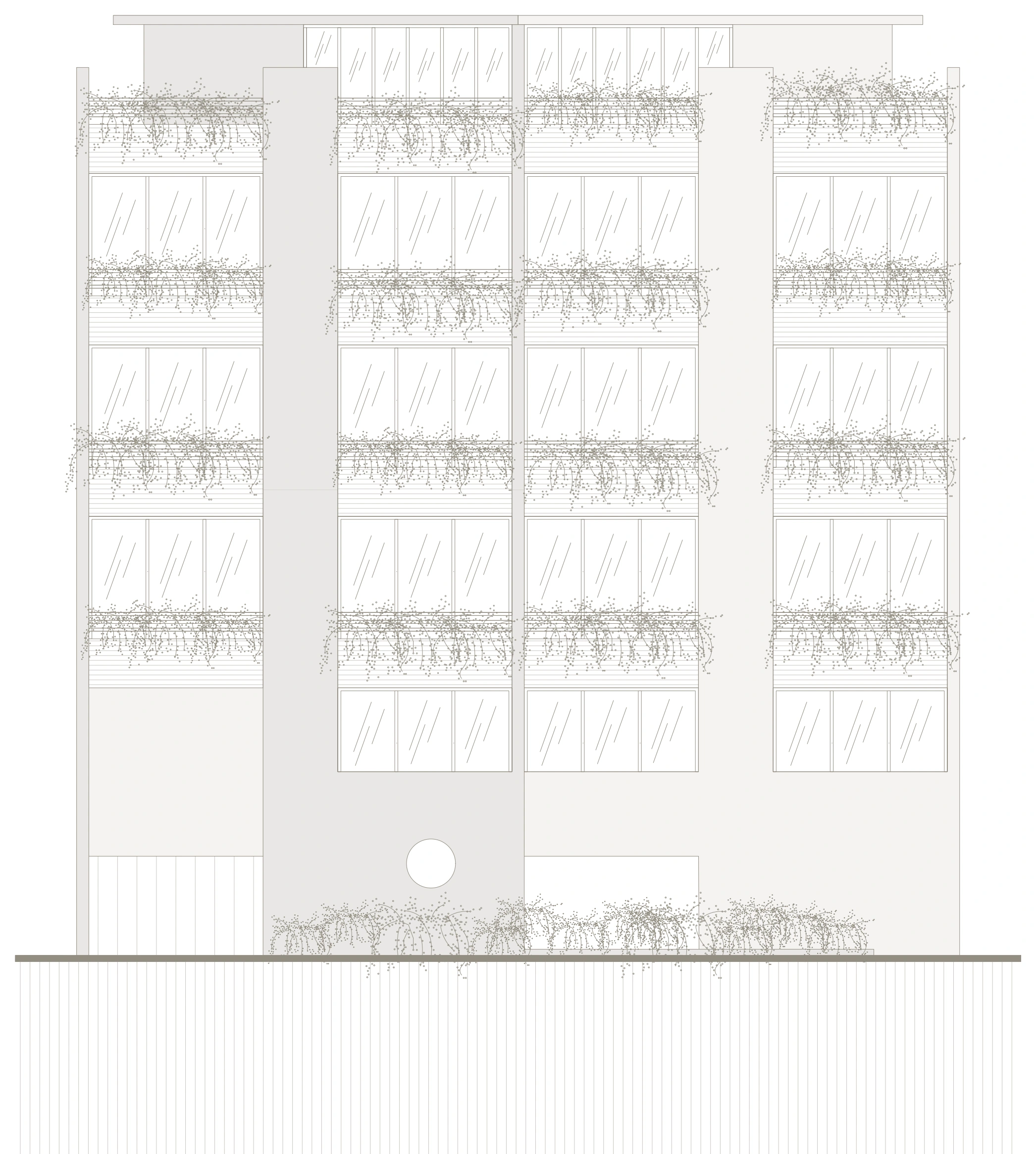 Fachada de + Liverpool: elevación arquitectónica con balcones y vegetación.